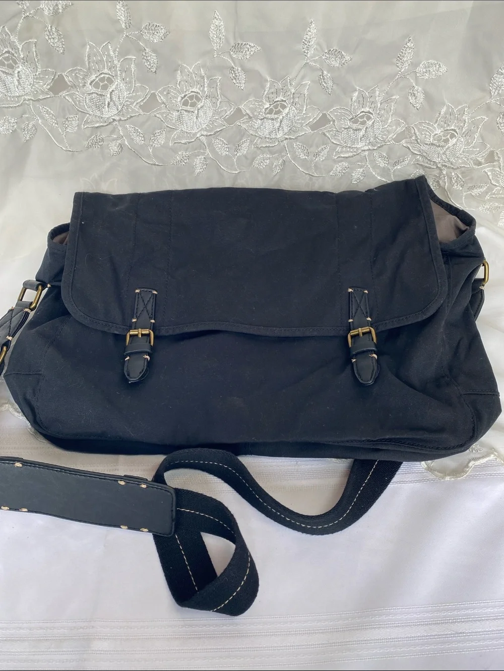 J. Crew Black Canvas Messenger with Buckle Detail
